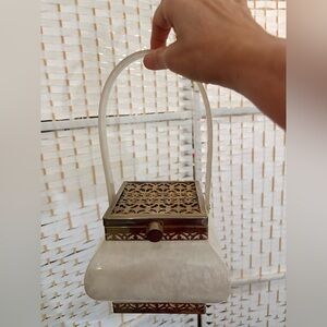 Vintage Tryolean NY White Pearl Lucite & Metal bag with Brass Filigree 1950